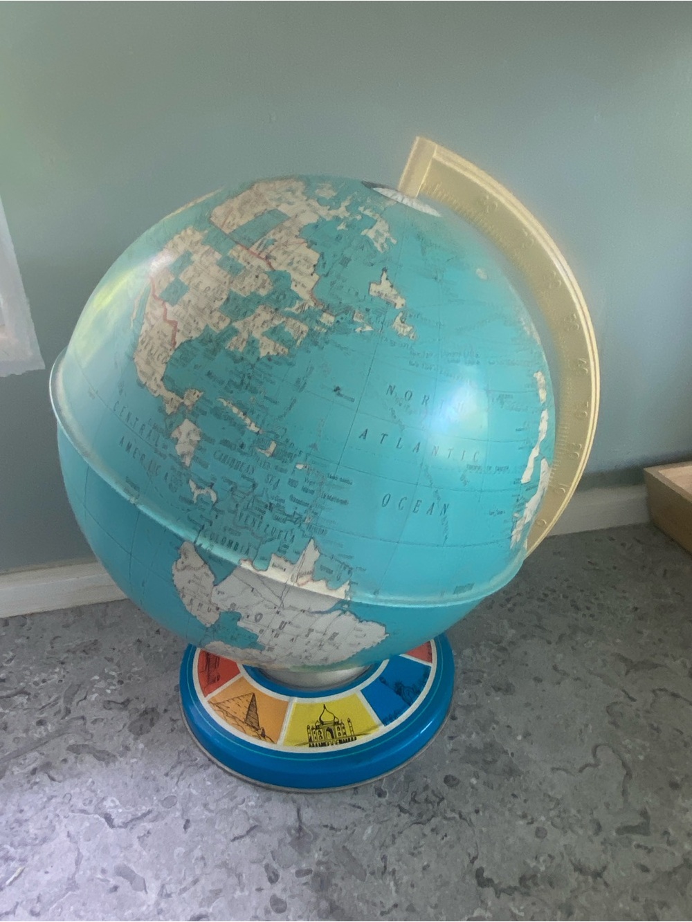 Vintage 1960s Ohio Art Co Tin Litho World Globe Landmark Base Mid-Century Toy"